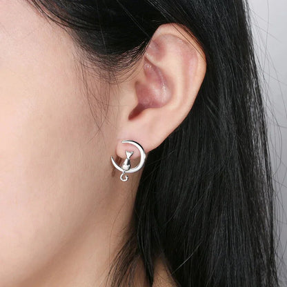 Boucles d'oreilles Fines Chat Lune & Chat Argent Sterling