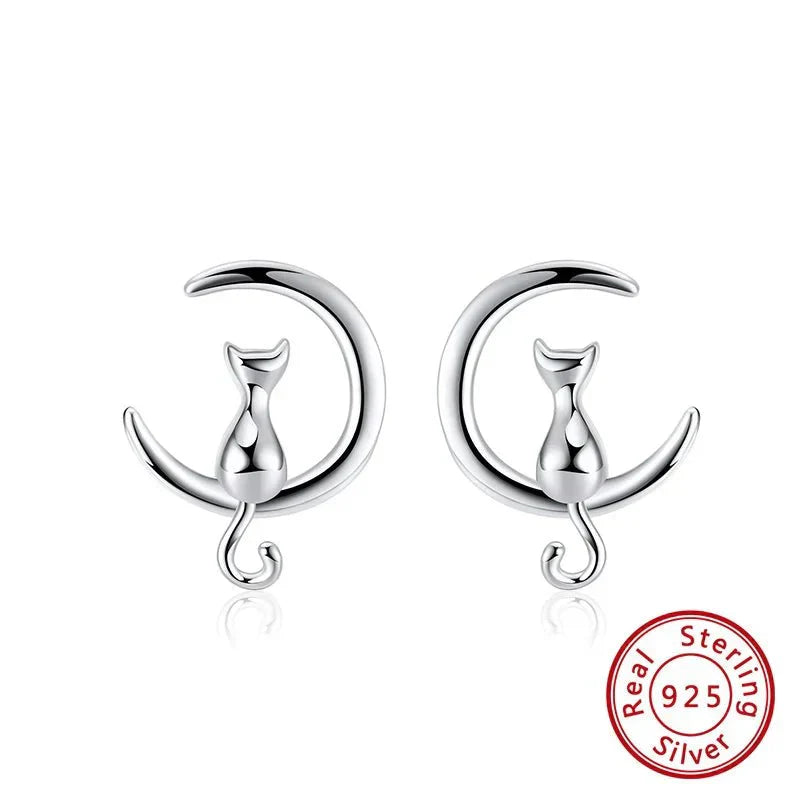 Boucles d'oreilles Fines Chat Lune & Chat Argent Sterling