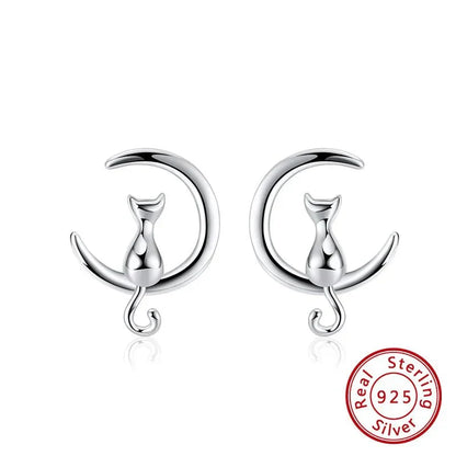 Boucles d'oreilles Fines Chat Lune & Chat Argent Sterling
