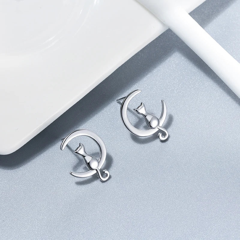 Boucles d'oreilles Fines Chat Lune & Chat Argent Sterling