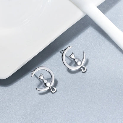 Boucles d'oreilles Fines Chat Lune & Chat Argent Sterling