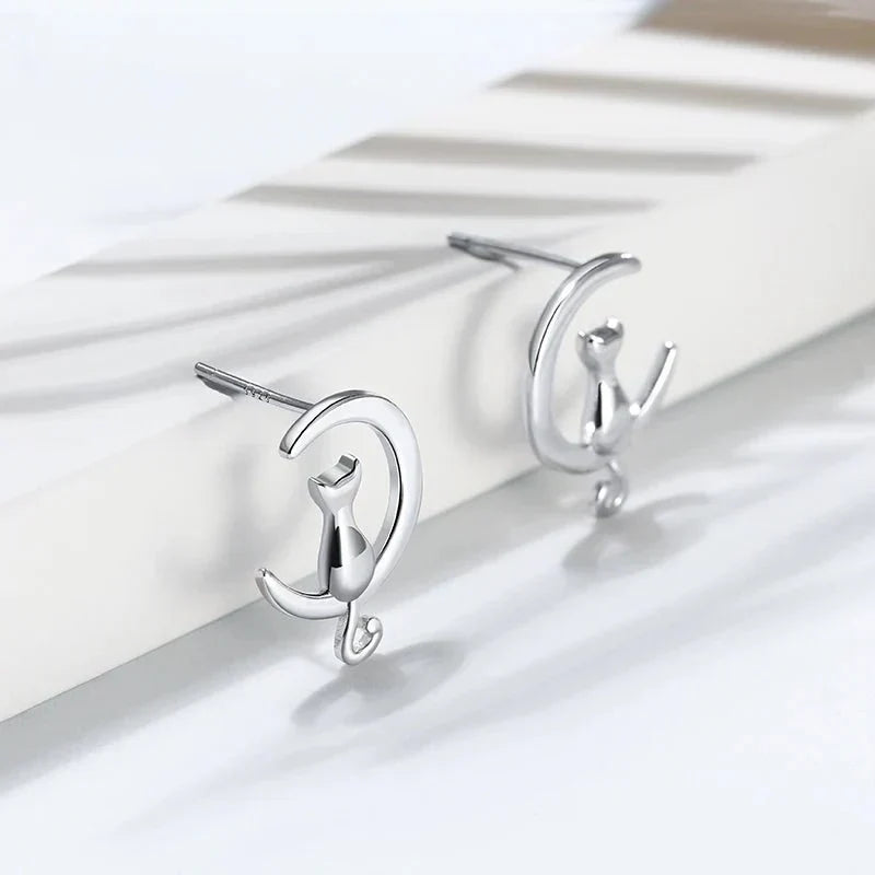 Boucles d'oreilles Fines Chat Lune & Chat Argent Sterling