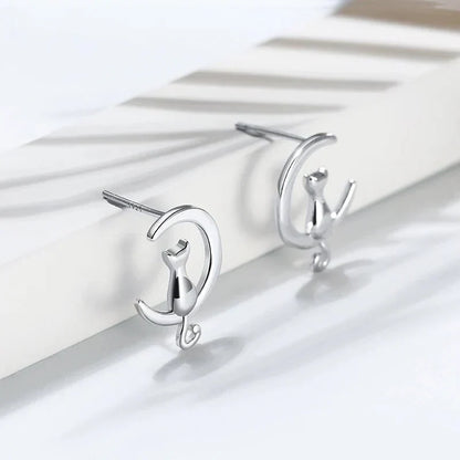 Boucles d'oreilles Fines Chat Lune & Chat Argent Sterling