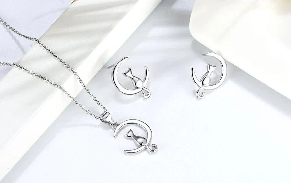 Boucles d'oreilles Fines Chat Lune & Chat Argent Sterling