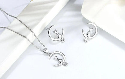 Boucles d'oreilles Fines Chat Lune & Chat Argent Sterling