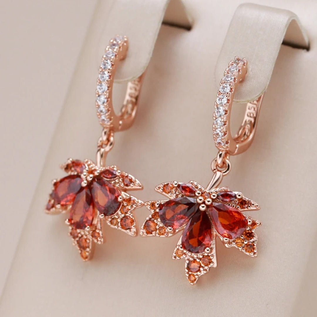 Boucles d'Oreilles Feuille Rouge Cristal Élégant