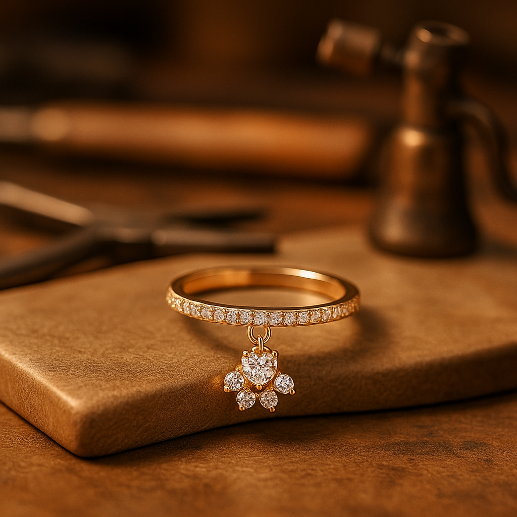 Bague Vintage Patte de Chat et Cœur Pierre – Tons Or et Argent