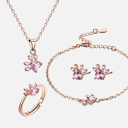 Coffret Bijou Or Rose Patte – 4 Pièces avec Cœur Zircone (Bague, Collier, Boucles d'oreilles, Bracelet)