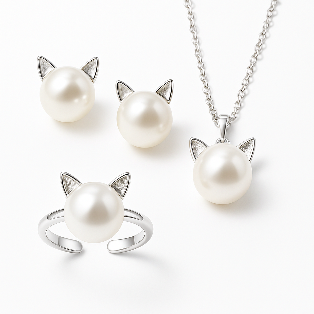 Magnifique Collier Chat Perles avec Boucles d'oreilles + Bague Offertes