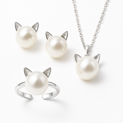 Magnifique Collier Chat Perles avec Boucles d'oreilles + Bague Offertes