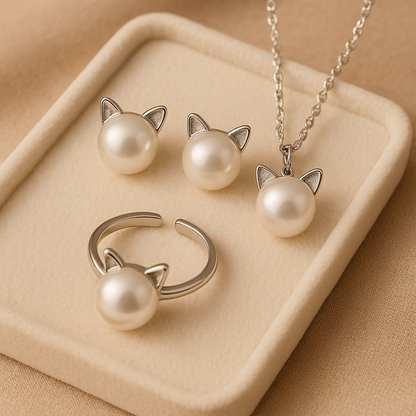 Magnifique Collier Chat Perles avec Boucles d'oreilles + Bague Offertes
