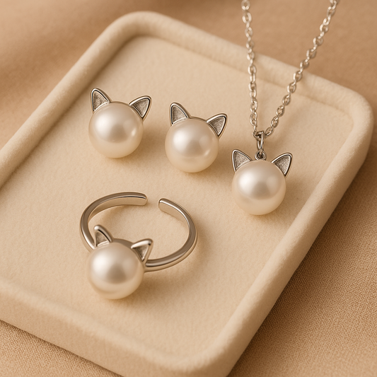 Magnifique Collier Chat Perles avec Boucles d'oreilles + Bague Offertes