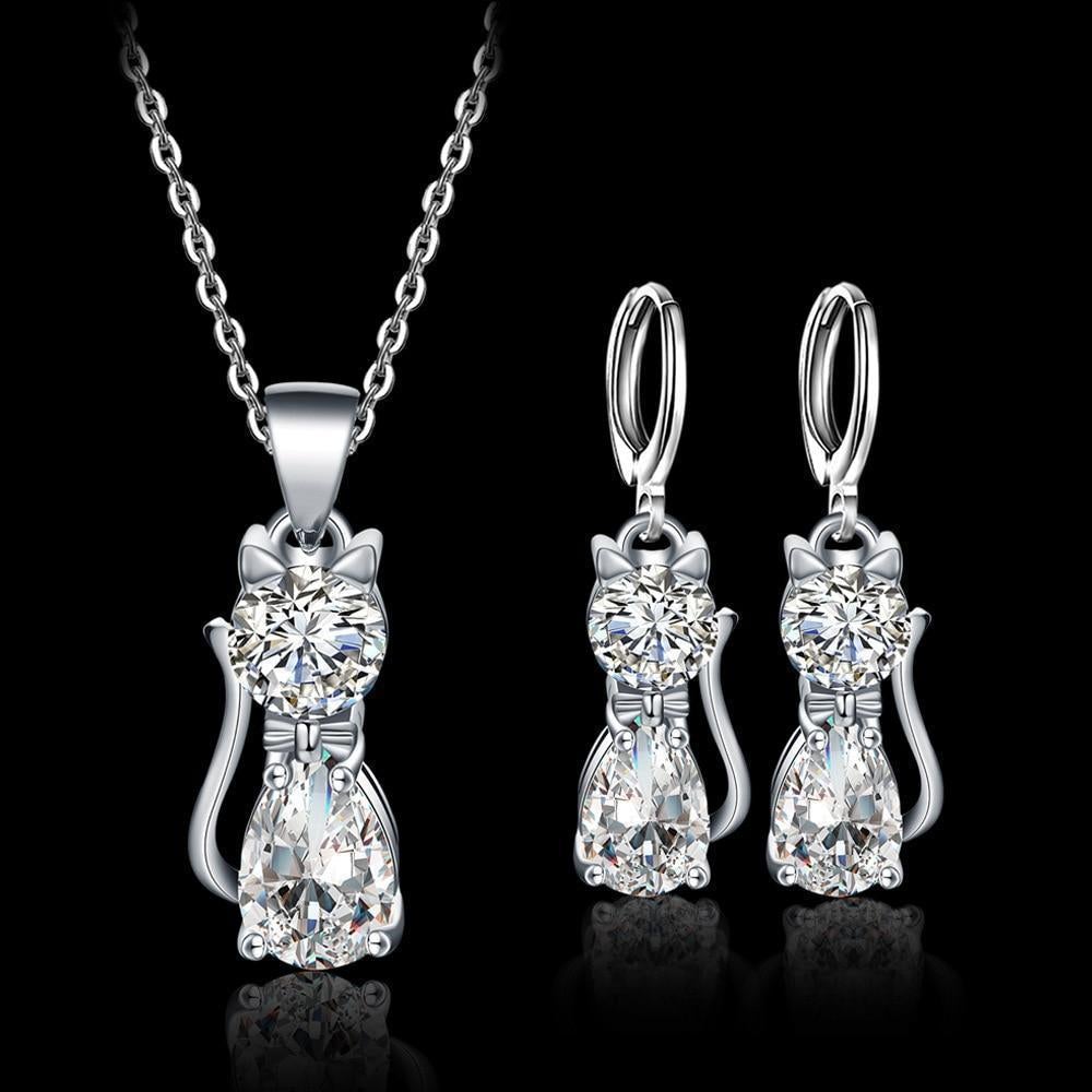 Coffret Collier + Boucles d'oreilles Chats Heureux en Argent Sterling et Zirconium Blanc Poli