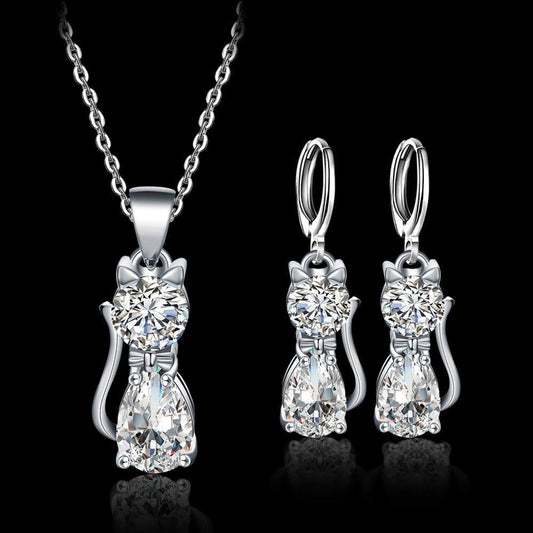 Coffret Collier + Boucles d'oreilles Chats Heureux en Argent Sterling et Zirconium Blanc Poli