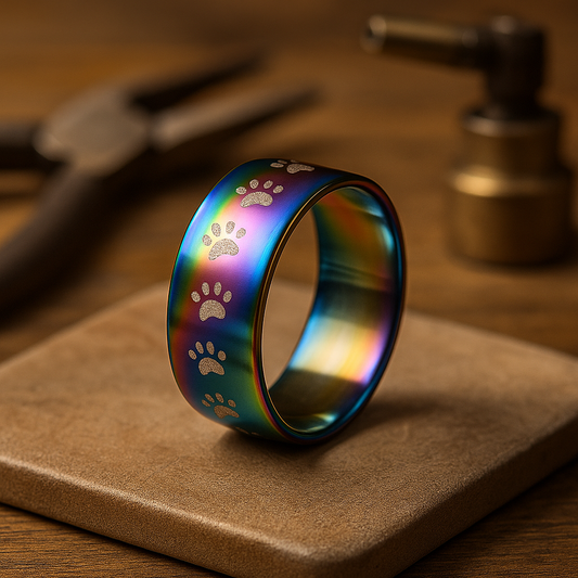 Bague Empreinte Patte Arc-en-Ciel Faite Main en Acier Inoxydable