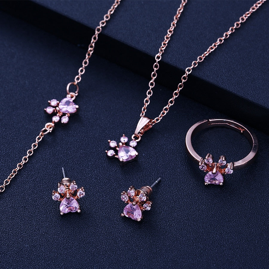Coffret Bijou Or Rose Patte – 4 Pièces avec Cœur Zircone (Bague, Collier, Boucles d'oreilles, Bracelet)