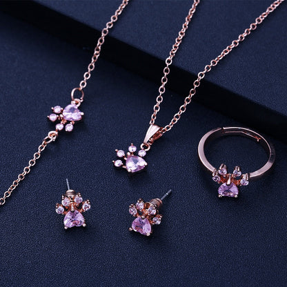 Coffret Bijou Or Rose Patte – 4 Pièces avec Cœur Zircone (Bague, Collier, Boucles d'oreilles, Bracelet)