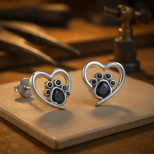 Boucles d'oreilles Fines Patte Cœur – Argent avec Émail Noir