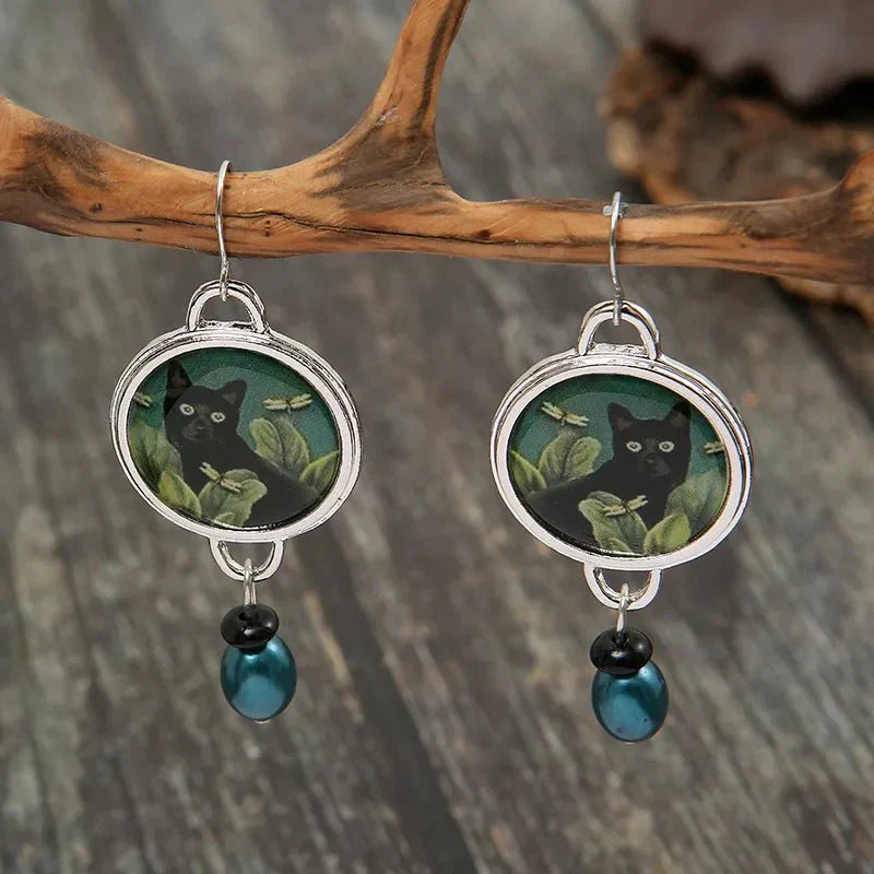 Boucles d'oreilles Tomettes Chat Noir Tropical Vintage
