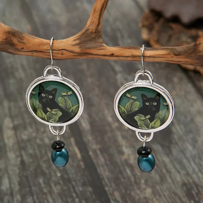 Boucles d'oreilles Tomettes Chat Noir Tropical Vintage