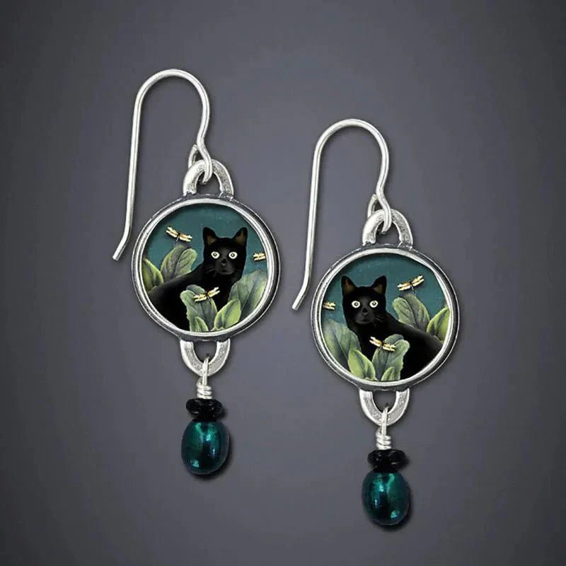 Boucles d'oreilles Tomettes Chat Noir Tropical Vintage