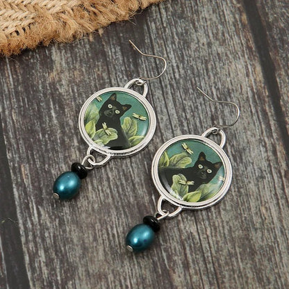 Boucles d'oreilles Tomettes Chat Noir Tropical Vintage