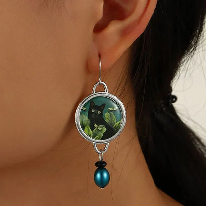 Boucles d'oreilles Tomettes Chat Noir Tropical Vintage