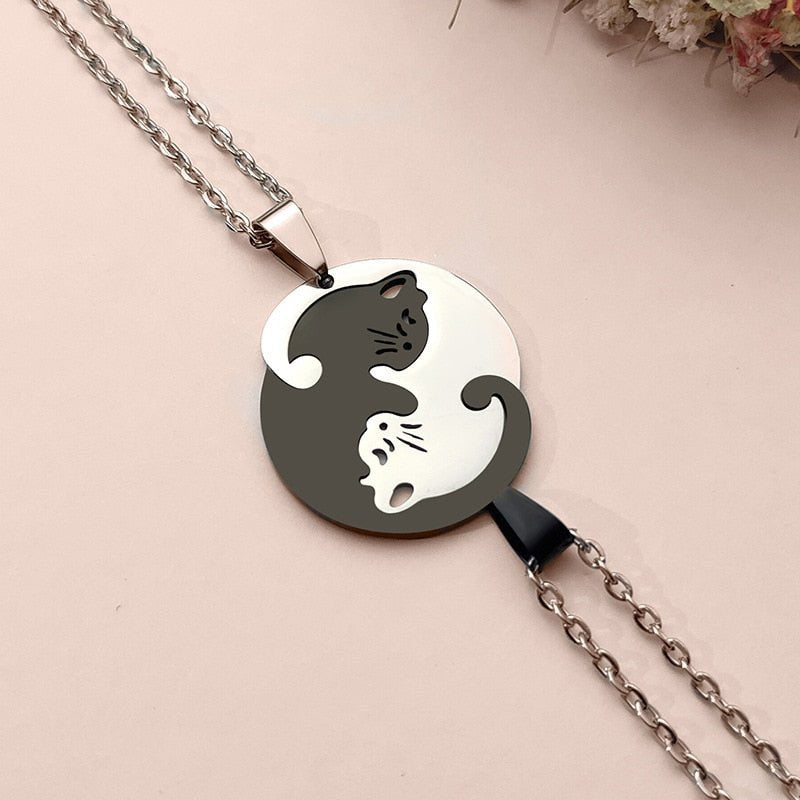 Collier chat yin yang en acier inoxydable