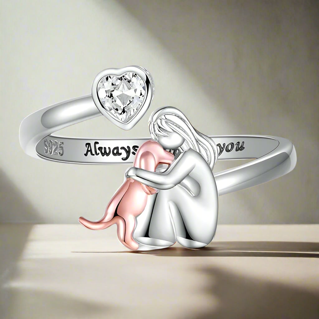 Bague Chien Réglable en Argent Sterling 925 – « Toujours dans mon Cœur » avec Zircone