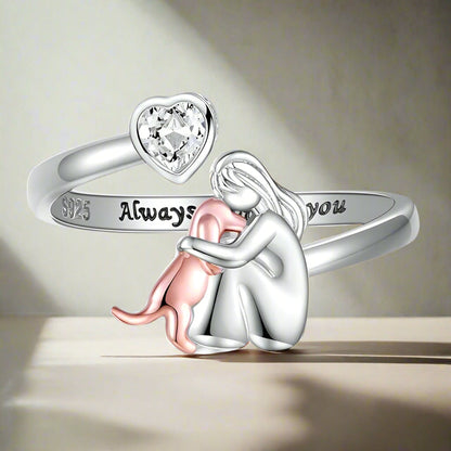 Bague Chien Réglable en Argent Sterling 925 – « Toujours dans mon Cœur » avec Zircone